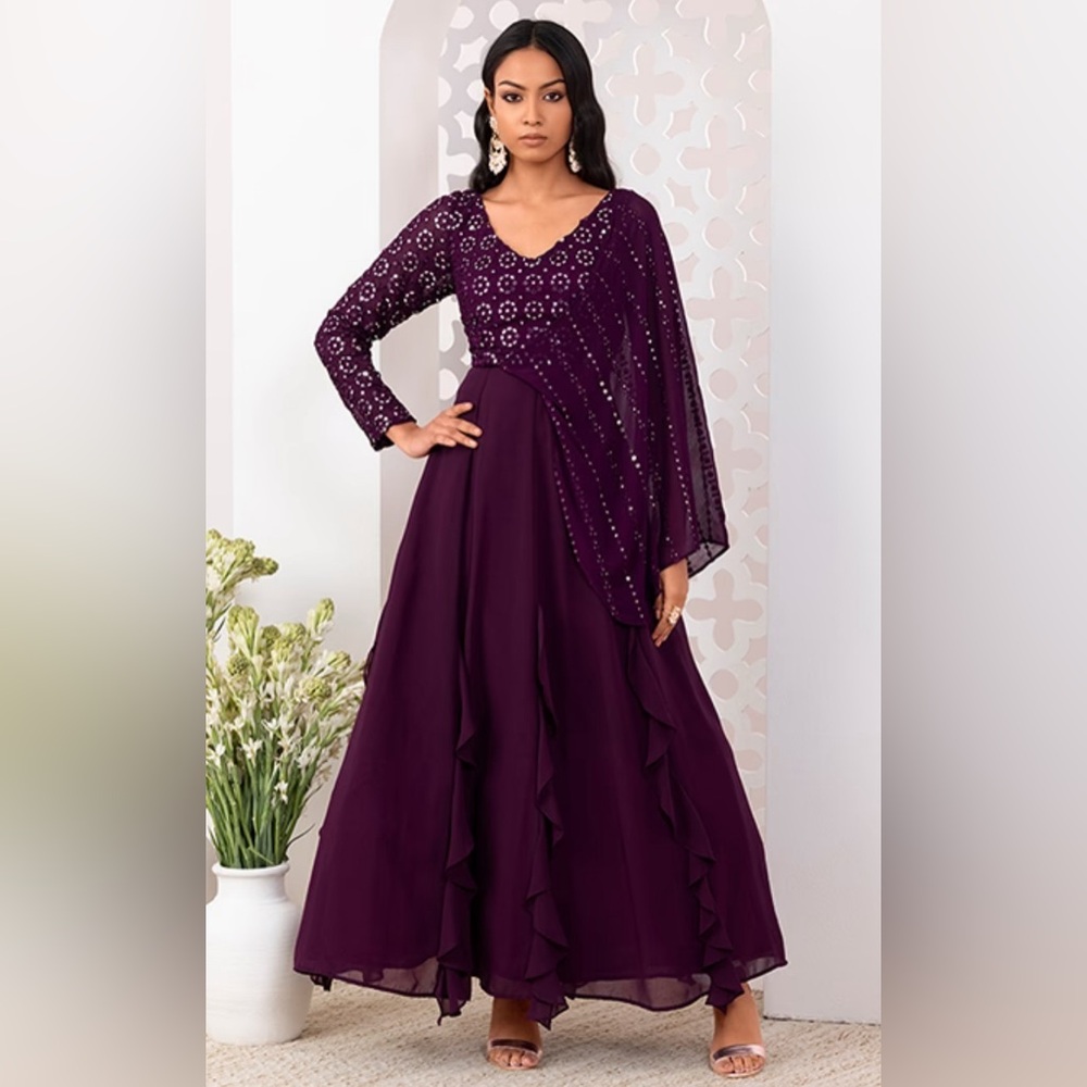 Sangria Purple Sequin And Zari Embroidered Draped Anarkali gown
